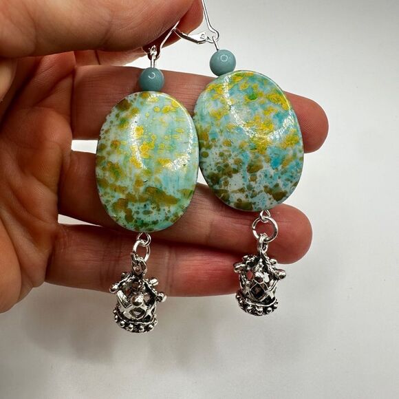 SALE! 3” dangle earrings with painted acrylic beads, stone, and crown charms! - Picture 9 of 13